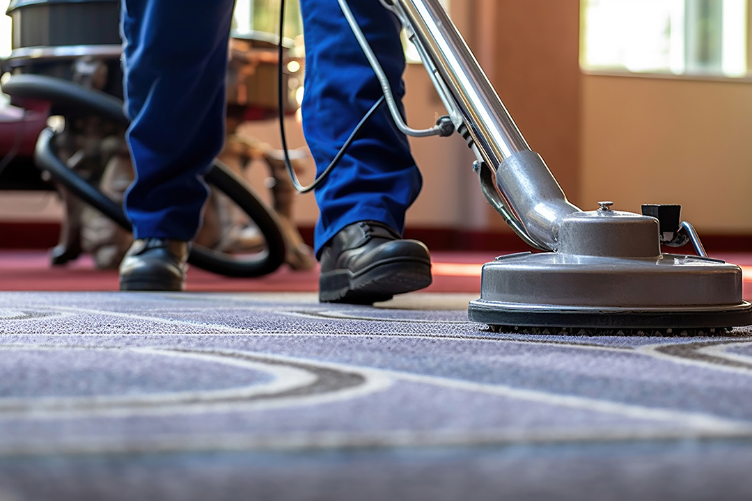 Professional Carpet Cleaning Service. Janitor Using Vacuum Clean